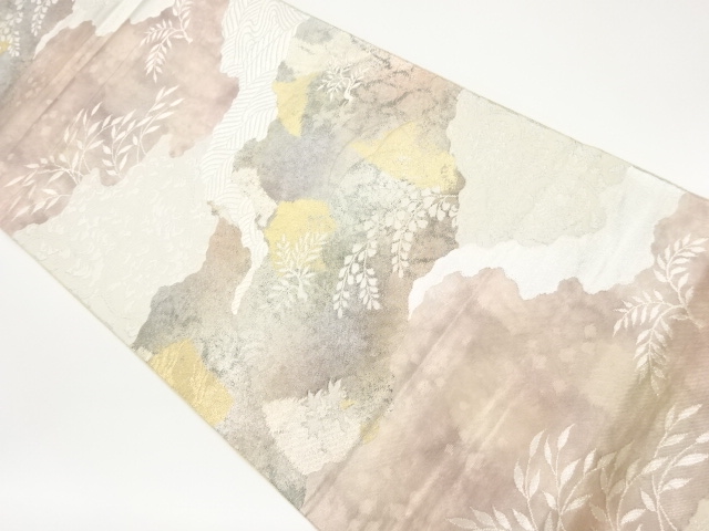 リサイクル　引箔道長取りに花唐草・草葉・波模様織出し袋帯